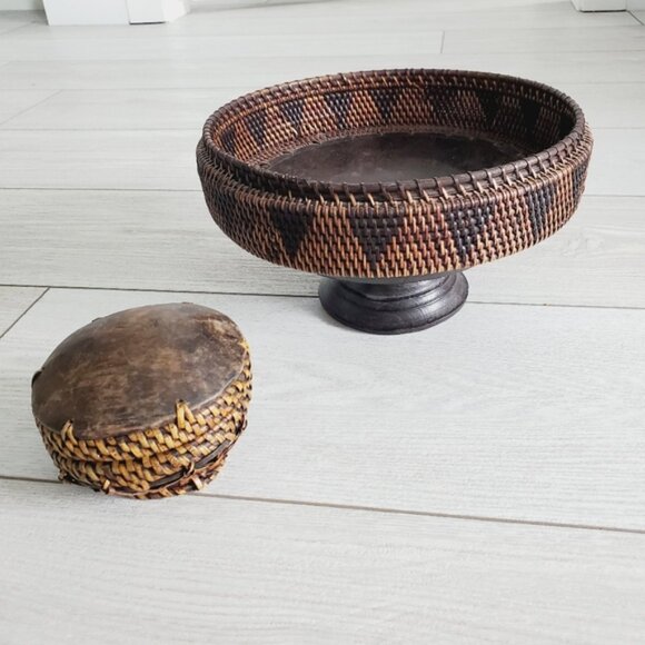 Rare Indonesian Lombok Hand Woven Reed Grass Pedestal Basket Trinket Box Set - Picture 3 of 8